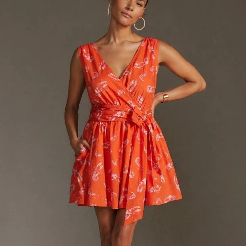 Maeve by Anthropologie Mainely Lobster Wrap Dress‎ XS Orange Pink Coastal Marine